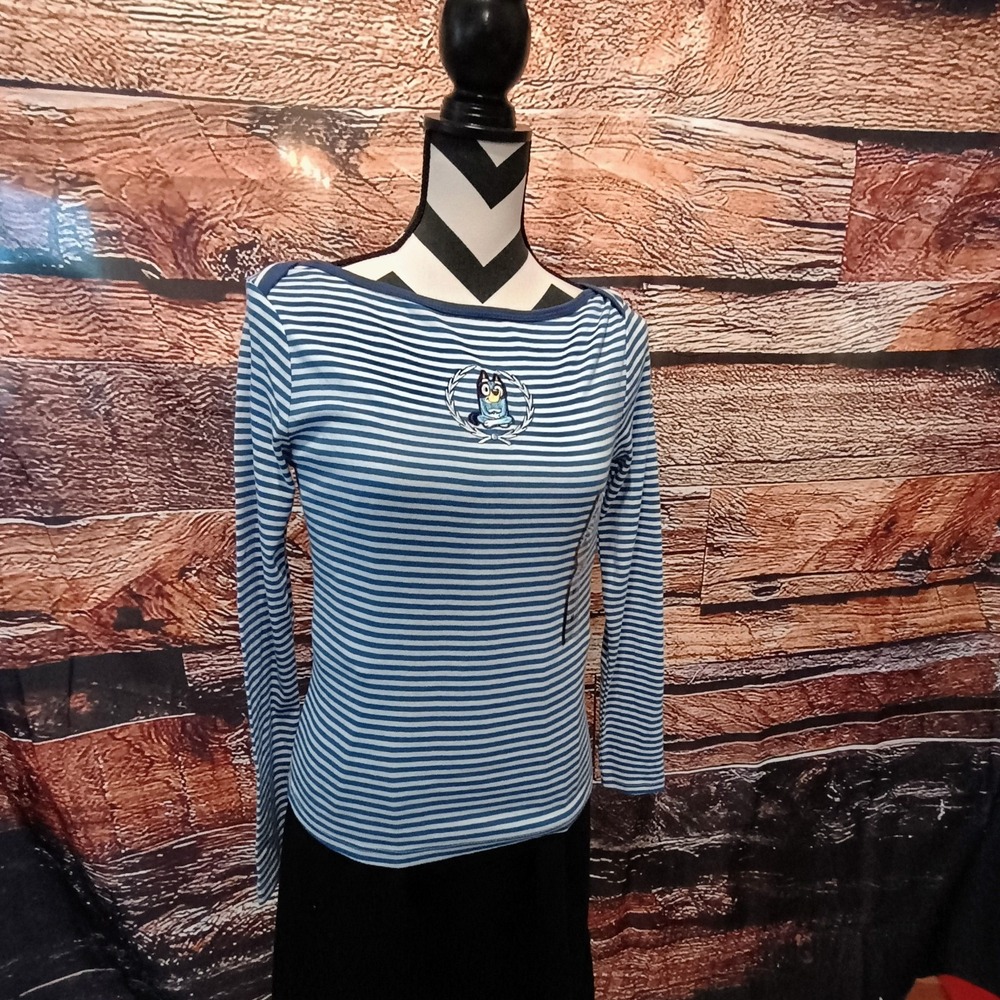 BLUEY Junior's Size M Striped Long Sleeve Graphic T-Shirt Blue‎ NWT